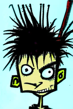 2d drawing of a stickman, cool with punk hair, x eyes like in hangman, head slightly bended, looking close into camera, smiling,close-up ,3d realistic in colour