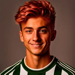 85mm DSLR color photography of a very detailed headshot fitting all of head and hair in frame. 18-year-old Italian soccer player, with rose gold hair color and no facial hair and has very short hair and with a small smile, grey background