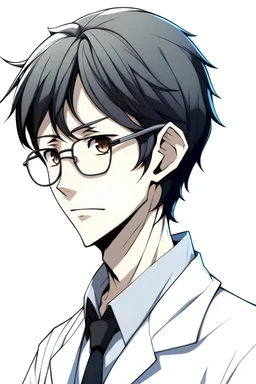 Anime man side character with dark black short hair and wearing doctor clothes, eye glasses, without muscles aged 30