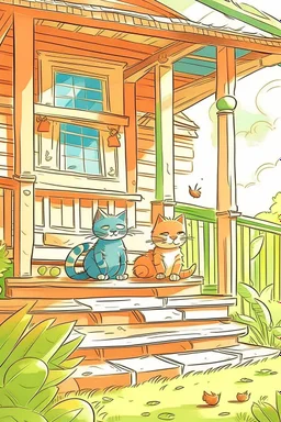 kids illustration, Cats on the porch, cartoon style, thick lines, low detail, water color shaded