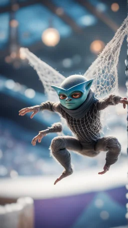 winged flying ninja spider god gremlin alien pimp caught frozen in net in ski jump arena, bokeh like f/0.8, tilt-shift lens 8k, high detail, smooth render, down-light, unreal engine, prize winning