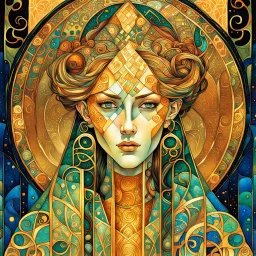 create an abstract, ethereal cubist, deeply sorrowful, darkly magical illustration of an epic fantasy sorceress with highly detailed and deeply cut facial features, in the style of GUSTAV KLIMT, EDWARD BURNE-JONES, WILLIAM MORRIS, and KATHE KOLLWITZ combined with the comic art style of BILL SIENKIEWICZ and JEAN GIRAUD MOEBIUS, searing lines and forceful strokes, precisely drawn, inked, and darkly colored