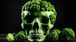 (photography:1.3), (RAW photo:1.3), human skull made of broccoli, dark background, backlight