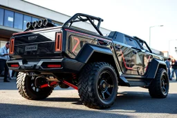 a super futuristic car, for all terrain, pickup fashion, black and red colors, big wheels, inspired on volks waguen combi, stay on street full of zombies