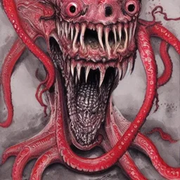 Red Tentacle monster with teeth, horror, detailed, realistic, gore, eyes