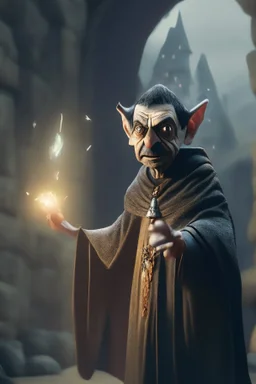 mr bean as robed goblin shaman wielding morning star in dark stone castle, 4 k, trending art, depth of field, volumetric light