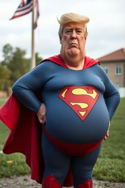 a thoroughly confused, frail, elderly and obese donald trump standing dressed as cartoon superman