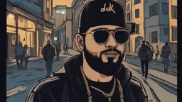 a single man, an Arab from the Middle East, he has a beard, who wears a gold chain, with a t-shirt marked ODK, wears a black baseball jacket with the mark ODK, which bears black sunglasses, with a black baseball cap with the initials branded ODK. at night, in the city center, at night.