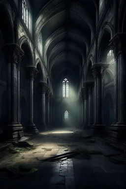 dark fantasy art of a medieval abandoned hall