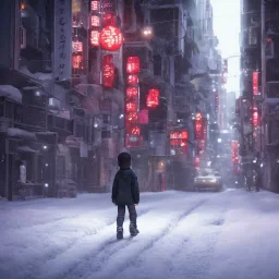 behind photo A young boy walking streets in tokyo, night, snow, post apocalyptic, destruct