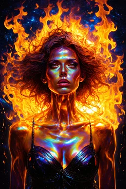 Fire Woman; Neo-surrealism; Optical Art; golden hour; iridescent; controversial; supremely detailed; stupendous