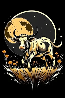 una vaca corriendo por el prado a la noche con la imagen de la luna al estilo de bango