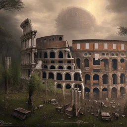 Intricately detailed view of a post-apocalyptic decaying Roman Colloseum, matte painting, digital art, dark fantasy style, hyperdetailed, complementary colors