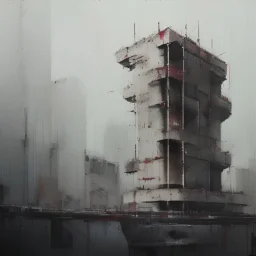 A abstract minimalist painting of Lebbeus Woods brutalist concrete bunker tower architecture. Breaking apart. In a desolate landscape. In the style of by Ashley Wood and Justin Mortimer. Large oil brushstrokes