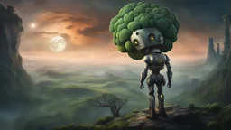 A moon that looks like a happy origin head broccoli above a landscape, a robot in a ragged dress looks up in the distance, fog, and intricate background HDR, 8k, epic colors, fantasy surrealism, in the style of gothic