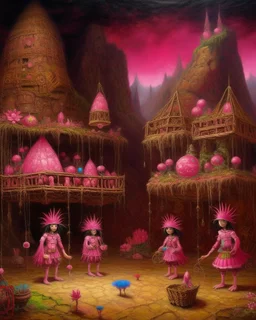 A pink tiny cybernetic fairy kingdom designed in Navajo baskets painted by Gustave Courbet