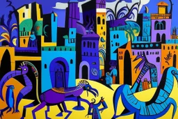 A purple Egyptian kingdom with a scorpion palace painted by Stuart Davis
