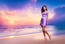 very nice real face beautiful sexy roman with make up at the beach standing pose in a short lace purple and silver dress, full body, 3D cloudy sky volumetric nice clouds 8k sharp focus,sunset,golden hour,medium shot