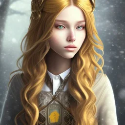 Girl with long wavy brown blond hair, yellow eyes. Wears Hogwarts Hufflepuff uniform. She has a snowy owl with yellow eyes on her shoulder.