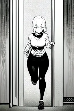 military girl runs fast in a corridor, greyscale