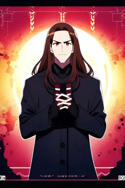 Young woman with long brown hair and red eyes, smirking, confident, a little evil looking, apocalyptic background, high quality, highly detailed, wearing black leather, 8k resolution, anime, digital art