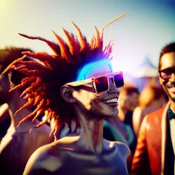 Ultra Realistic photo, medium shot view, drunken dancer naked woman, carnival scene, monster hair, steampunk. Red hair, confeti, Sunglasses, smile, happy, festival, gradient color fog. highly detailed, concept art, unreal engine 5, ray tracing, RTX, lumen lighting, ultra detail, volumetric lighting, 3d, finely drawn, high definition, high resolution.