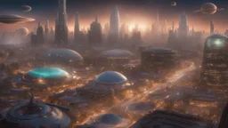 Wide-angle photorealistic sci-fi cityscape of unearthly delights in the multiverse