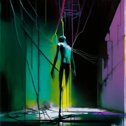 Minimal abstract oil painting of a person limbs sinew. in concrete warehouse brutalist architecture and hanging wires illuminated at night. With triadic colours. In the style of Justin Mortimer and Phil Hale