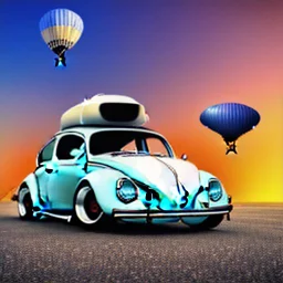 blimp vw-beetle hybrid, retrofuturistic, phototrealism, in flight, one subject,