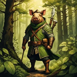 create a full body portrait of a english robin hood pig man , with highly detailed, sharply lined facial features, in the deep forest of Brokilon , finely inked, in rustic colors, 4k in the style of Peter Mohrbacher