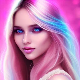 beautiful, soft, big smile face, whole head, long straight blonde hair blues eyes, crown on the head, clothing in transparent bluish and pink veil, background brillante bluish and pink, hight definition, 8K