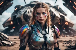 Beautiful girl with rainbow eyes, savage warrior, strong, sad, resilient, Masterpiece, female, young, best quality, cinematic lighting, futuristic, , standing in front of crashed spaceship, with family of 8 behind her, tough stance.