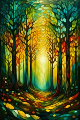 abstract forest with a chest full of light in the style of bejamin Lacombe