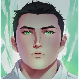 mysterious youthful Russan male, man, dark and intriguing, confident, intense, handsome, anime style, retroanime style, dark black short hairs, white shirt, green paint background, white man, The head looks straight ahead