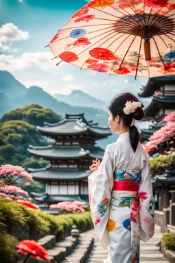 serene and captivating scene of a graceful Japanese woman dressed in an exquisitely designed white kimono adorned with colorful flower patterns. She gently carries a traditional Japanese umbrella as she walks towards a majestic temple. The background showcases a breathtaking panorama of the viewer's landscape, with the temple appearing in the distance. Surrounding the temple, lush green plants and blooming flowers add a touch of vibrant color amidst the pastel yellow and orange hues of the sunri