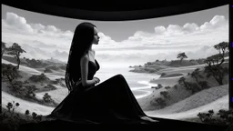 Black and white and colors, 3d surreal, hand-made modeling landscape, long dark hair woman contemplating, immersive-inspired dreamlike landscape, inside and out, salvador dali inspiration