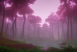 Paysage forêt maison dans les grands arbres avec champignons roses et une rivière bordée de grandes fleurs roses, lumiere volumetrique unity engine