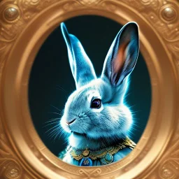 fantasy magic, sharp focus, illustration, highly detailed, digital painting, concept art, art germ and Paul Lewin and Kehinde Wiley, masterpiece silver rabbit head bronze turquoise golden waves