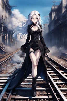 a captivating gothic anime girl, her ethereal beauty accentuated by porcelain skin and vibrant blue eyes. She stands firmly on a train track, legs wide apart, hands on hips, wearing a sleek black dress with lace details and a gun holstered on her thigh. Her flowing white hair billows in the wind as the smoky background portrays a chaotic scene of crumbling buildings and raging flames, emphasizing the imminent arrival of the train.