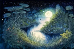 Rainforest, top view, flora and fauna in the light from a full moon, rocks, water, amazing night sky, glowing flowers, vines, large stars, island, ruin, fog, dawn, reflection, Jacek Yerka, Dominic Davison in sunshine smooth intricate high definition pencil sketch watercolor polished