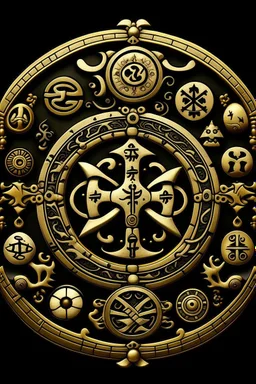 the Latin cross, aum letter, crescent and star, yin and yang, torii gate, khanda, star of david, dharma chakra all merged into one mystical signet