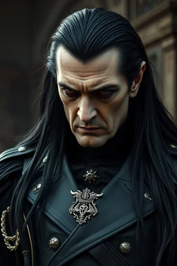 Dracula as a High Commander of a Dieselpunk utopia in a ww2 military dress, up close, fantasy, High details, realistic design, dark vibes, 8k, male, long black hair