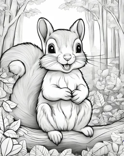 A captivating coloring book for kids scene featuring an squirrel in the forest