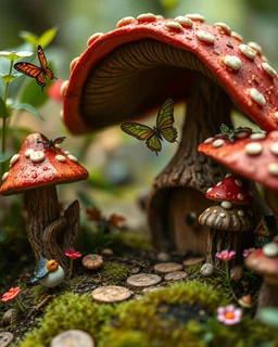 A girl walk in small fairy village mushrooms Houses with tiny fairies butterfly flying around in details photography art