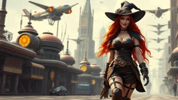 A photorealistic image of a red-haired, slender, witchy woman, winking and smiling, in a one-piece steampunk outfit with boots, walking through a futuristic city with flying machines.