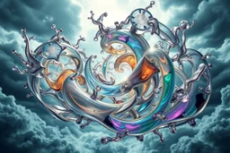 Dynamic complex hypnotic fractal 3D structures twisting and morphing between organic and geometric forms, smooth translucent iridescent glass with inner glow and bubbles, varied transparent materials, stormy skies, intense dramatic