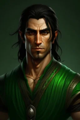a man in his fourties, thick black hair in a ponytale, brown skin, bright green eyes, slender bony face, piercing gaze, dressed in a dark green vest, realistic epic fantasy style