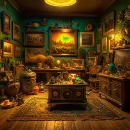 Diorama of old stuff in a room, sharp focus, 8k, 3d, very detailed, volumetric light, grim, fine art, very colorful, ornate, 35mm, F/2.8, insanely detailed and intricate, hypermaximalist, super detailed, decadent