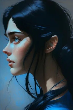 beautiful girl, black hair, blue eyes, side profile