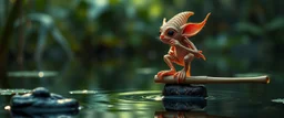 airbrush and pen outline, a glittering Deep Gnome (Svirfneblin) gremlin balancing on bamboo stick on the surface of a pond, goa psy ambient in the style of vangelis and fsol, source vibrations, bokeh like f/0.8, tilt-shift lens 8k, high detail, smooth render, down-light, unreal engine, prize winning